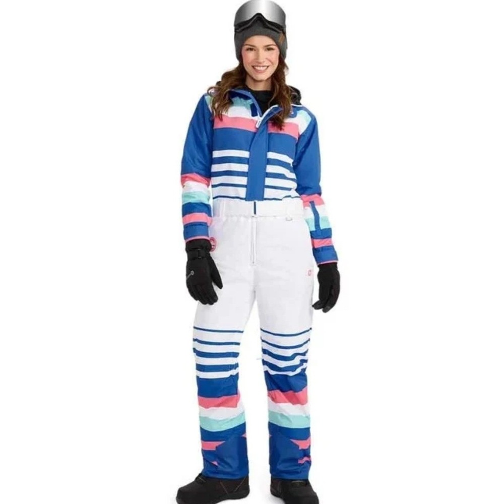 Tipsy Elves Icy U Stripe Ski Suit Womens Blue White Pink Insulated One Piece L